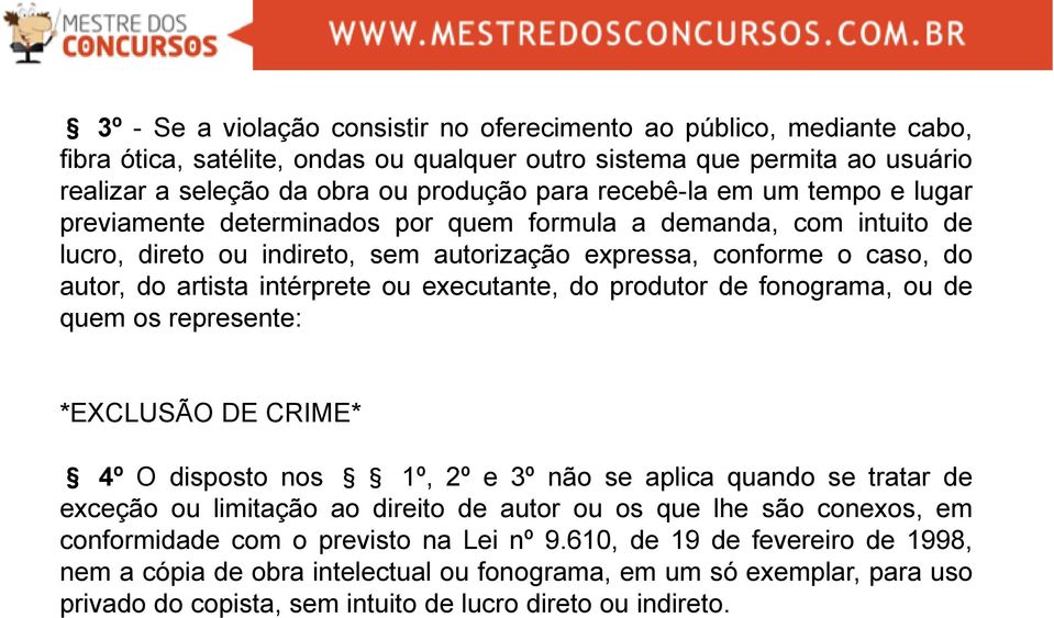 ou executante, do produtor de fonograma, ou de quem os represente: *EXCLUSÃO DE CRIME* 4º O disposto nos 1º, 2º e 3º não se aplica quando se tratar de exceção ou limitação ao direito de autor ou os