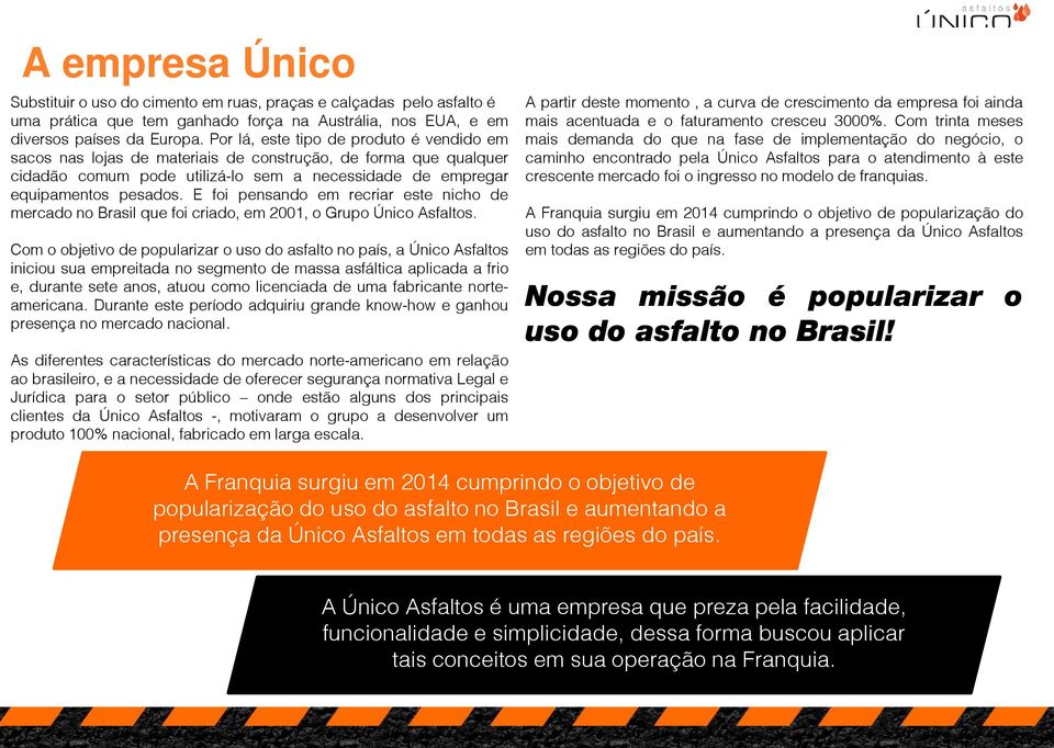 E foi pensando em recriar este nicho de mercado no Brasil que foi criado, em 2001, o Grupo Único Asfaltos.