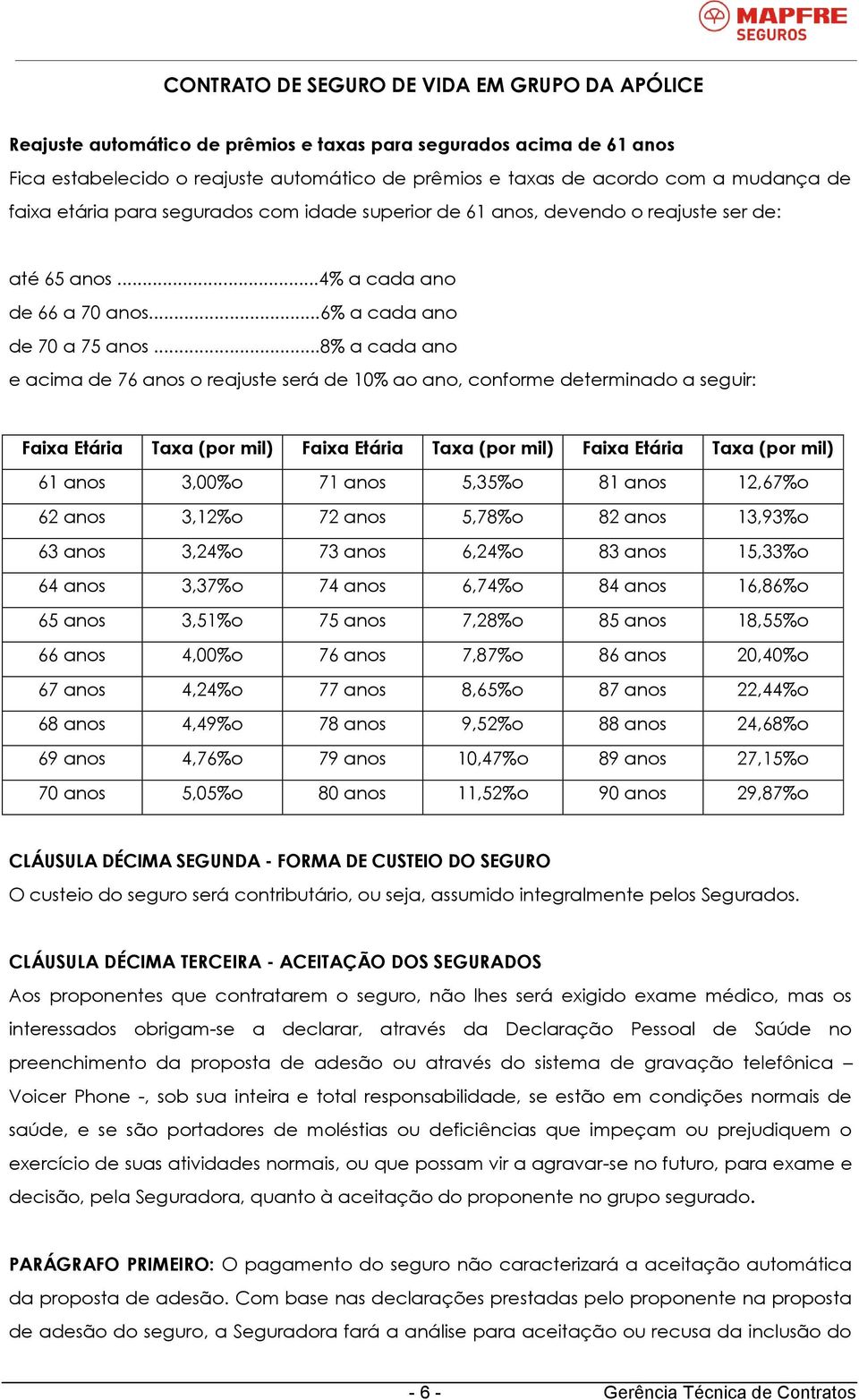 ..8% a cada ano e acima de 76 anos o reajuste será de 10% ao ano, conforme determinado a seguir: Faixa Etária Taxa (por mil) Faixa Etária Taxa (por mil) Faixa Etária Taxa (por mil) 61 anos 3,00%o 71