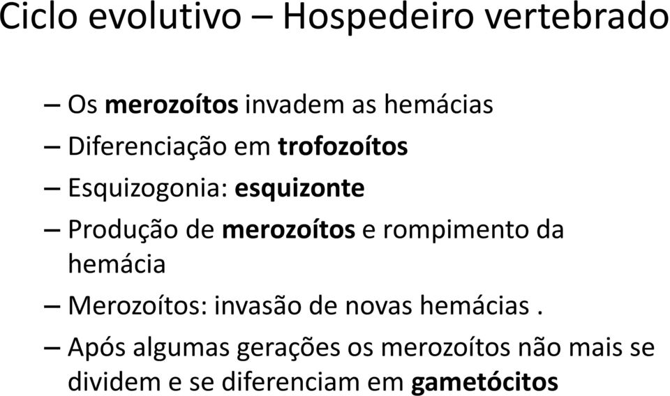 merozoítos e rompimento da hemácia Merozoítos: invasão de novas hemácias.