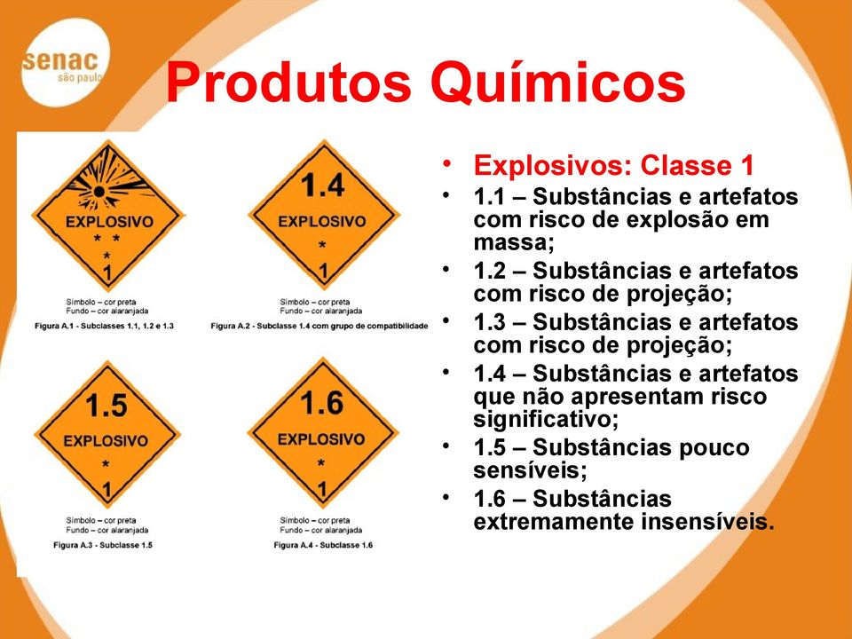 2 Substâncias e artefatos com risco de projeção; 1.