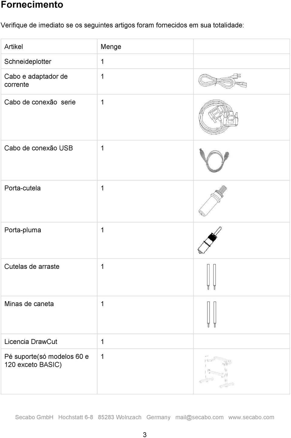 conexão serie 1 Cabo de conexão USB 1 Porta cutela 1 Porta pluma 1 Cutelas de