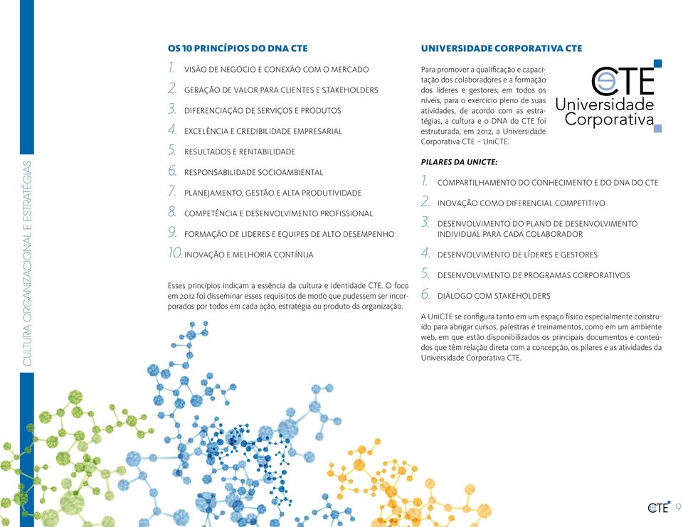 Competência e desenvolvimento profissional 9. Formação de lideres e equipes de alto desempenho 10. Inovação e melhoria contínua Esses princípios indicam a essência da cultura e identidade CTE.