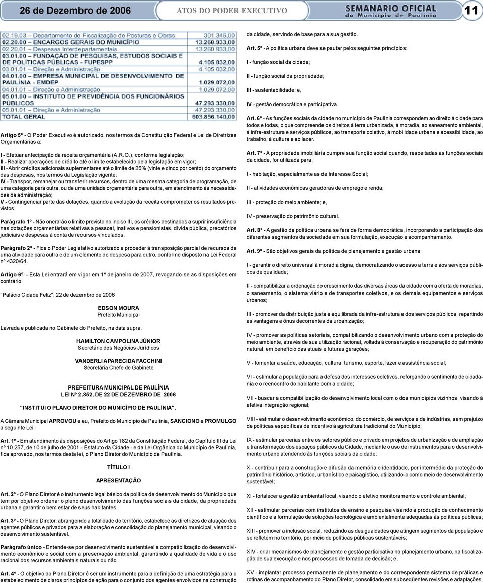 26 de Dezembro de 2006 ATOS DO PODER EXECUTIVO 11 da cidade, servindo de base para a sua gestão. Art.