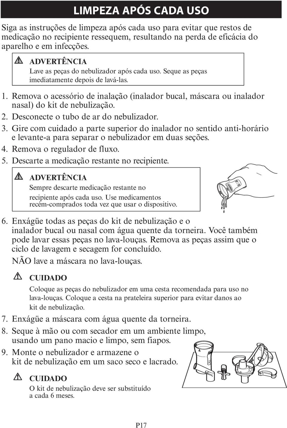 Remova o acessório de inalação (inalador bucal, máscara ou inalador nasal) do kit de nebulização. 2. Desconecte o tubo de ar do nebulizador. 3.