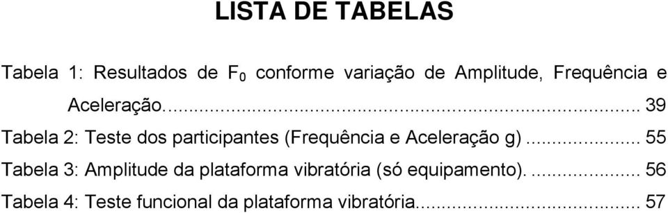 .. 39 Tabela 2: Teste dos participantes (Frequência e Aceleração g).