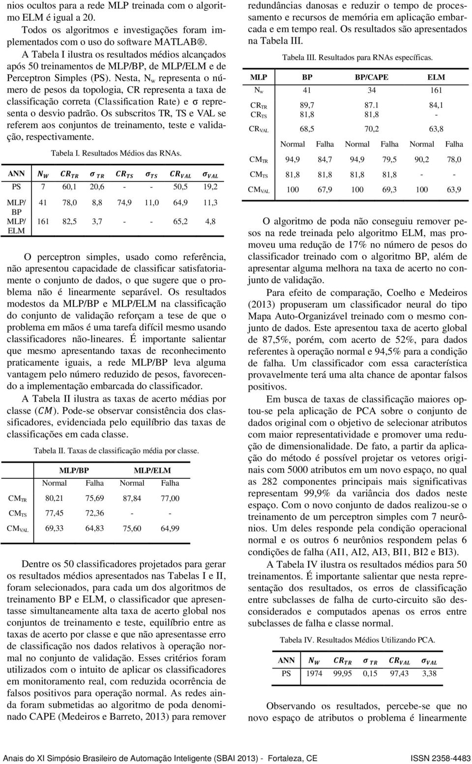 Nesta, N w representa o número de pesos da topologia, CR representa a taxa de classificação correta (Classification Rate) e σ representa o desvio padrão.