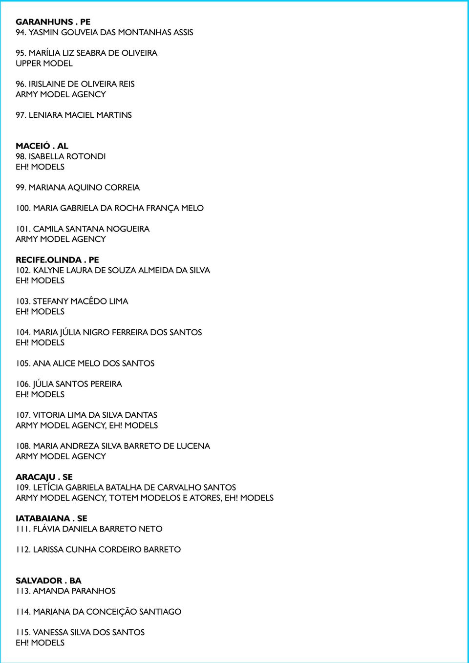 STEFANY MACÊDO LIMA 104. MARIA JÚLIA NIGRO FERREIRA DOS SANTOS 105. ANA ALICE MELO DOS SANTOS 106. JÚLIA SANTOS PEREIRA 107. VITORIA LIMA DA SILVA DANTAS ARMY MODEL AGENCY, 108.