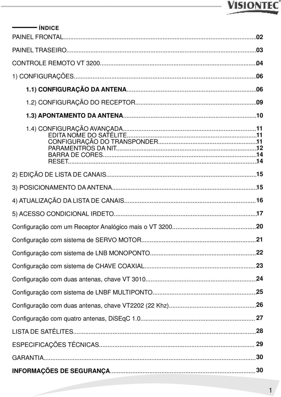 .. 15 3) POSICIONAMENTO DA ANTENA... 15 4) ATUALIZAÇÃO DA LISTA DE CANAIS... 16 5) ACESSO CONDICIONAL IRDETO... 17 Configuração com um Receptor Analógico mais o VT 3200.