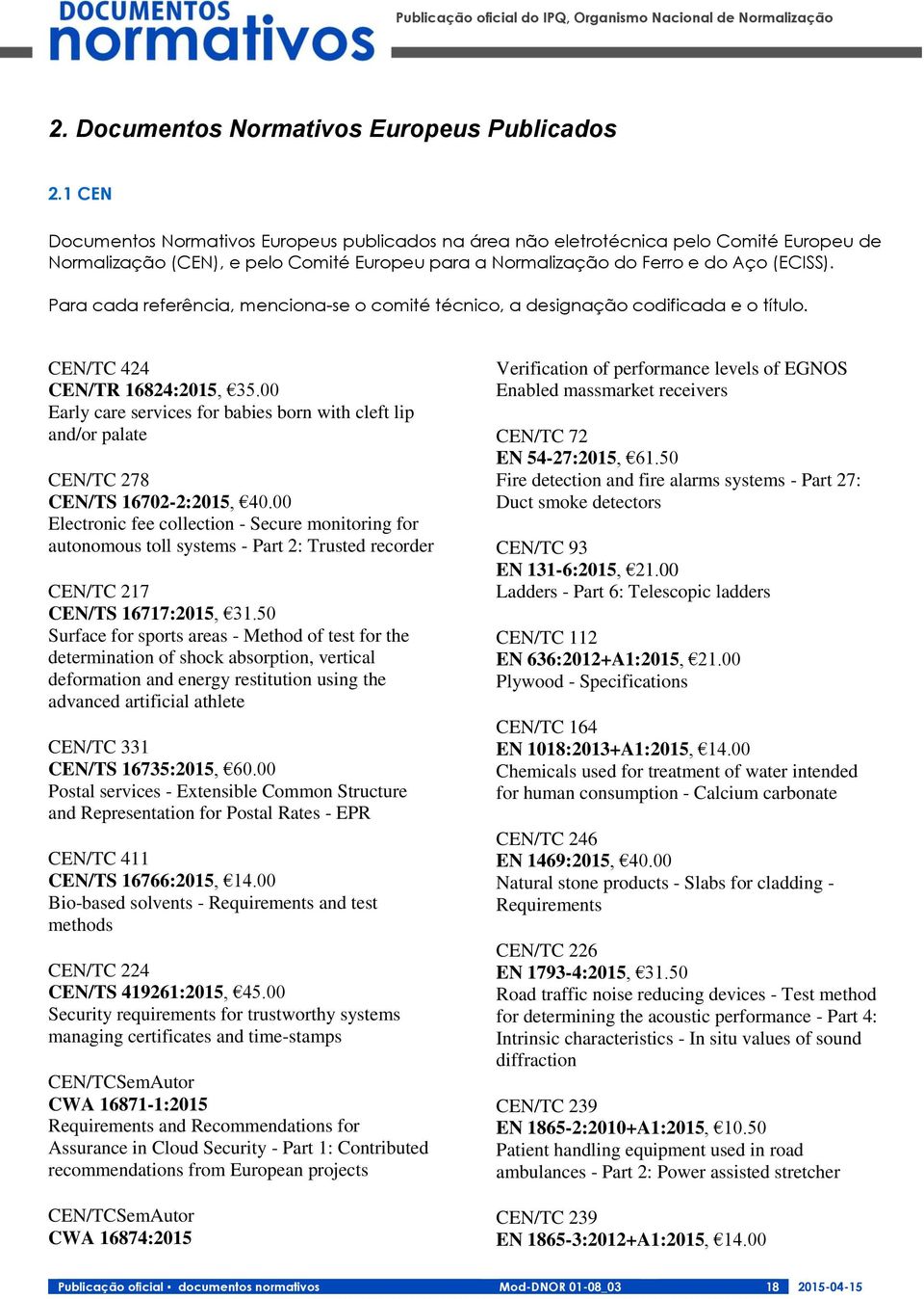 Para cada referência, menciona-se o comité técnico, a designação codificada e o título. CEN/TC 424 CEN/TR 16824:2015, 35.