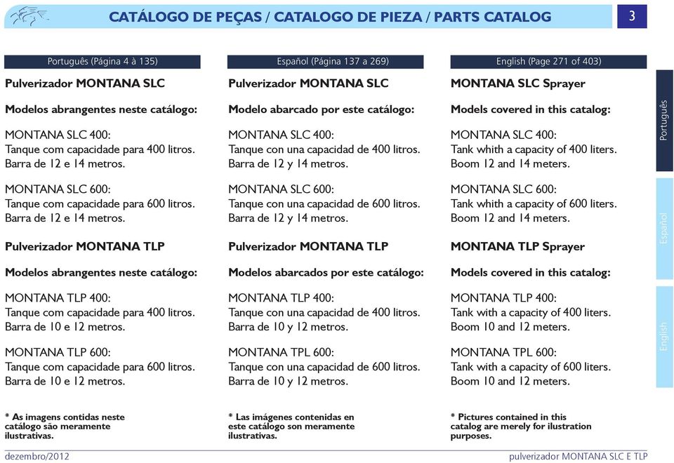 Barra de y metros. Models covered in this catalog: MONTANA SLC 00: Tank whith a capacity of 00 liters. Boom and meters. Português MONTANA SLC 00: Tanque com capacidade para 00 litros.