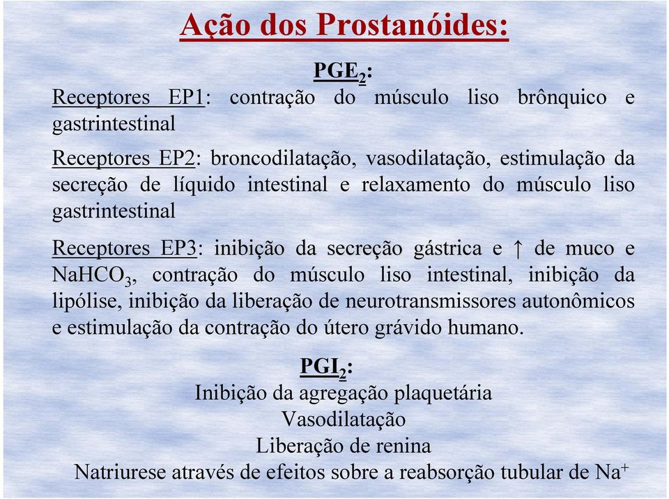 NaHCO 3, contração do músculo liso intestinal, inibição da lipólise, inibição da liberação de neurotransmissores autonômicos e estimulação da contração do