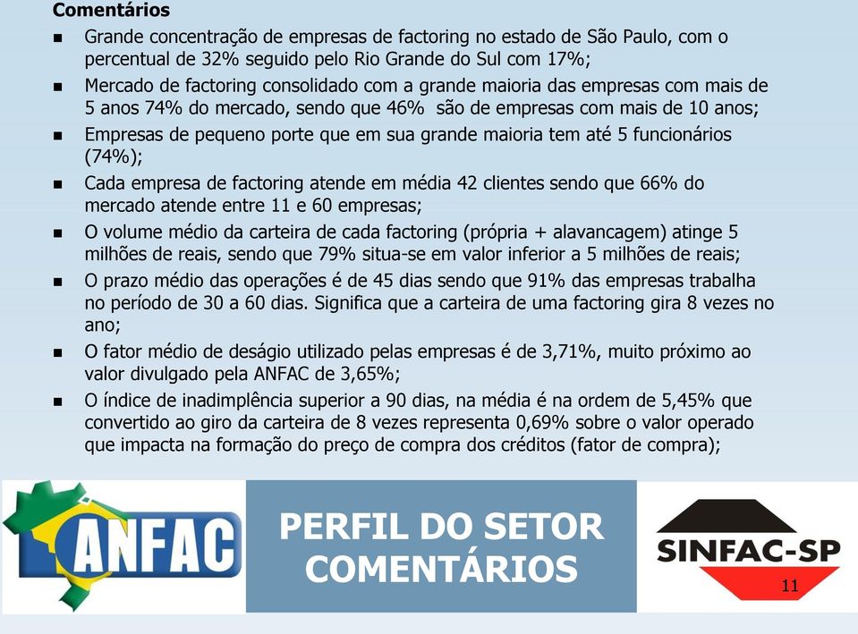 factoring atende em média 42 clientes sendo que 66% do mercado atende entre 11 e 60 empresas; O volume médio da carteira de cada factoring (própria + alavancagem) atinge 5 milhões de reais, sendo que