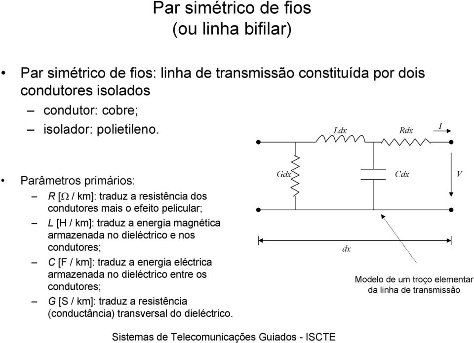 Ldx Rdx I Parâmetros primários: Gdx Cdx V R [Ω / km]: traduz a resistência dos condutores mais o efeito pelicular; L [H / km]: traduz a energia