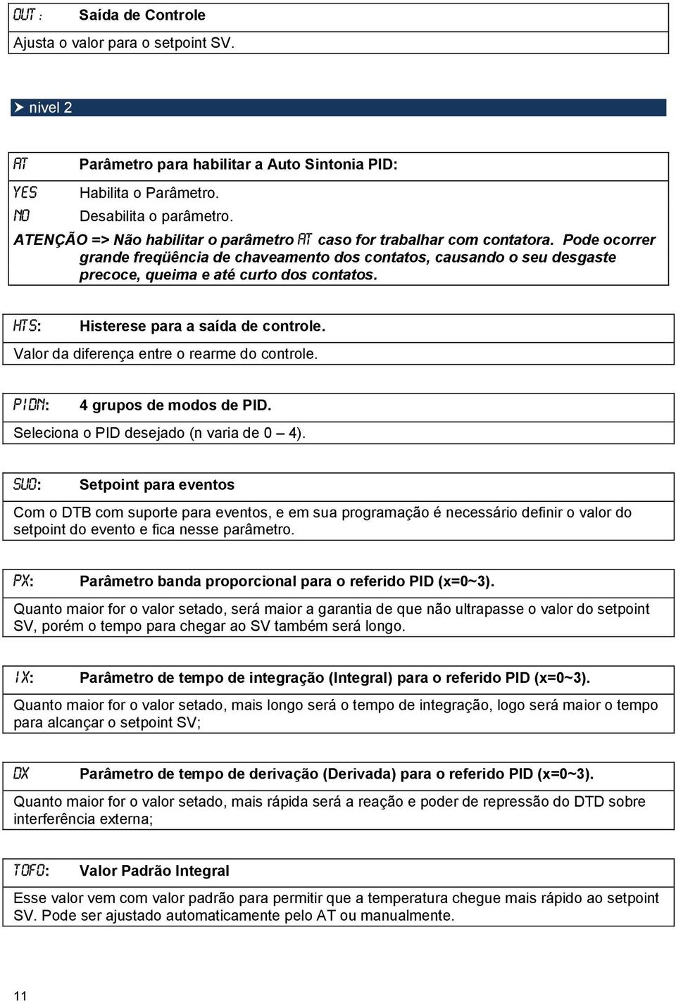 hts: Histerese para a saída de controle. Valor da diferença entre o rearme do controle. PIDn: 4 grupos de modos de PID. Seleciona o PID desejado (n varia de 0 4).