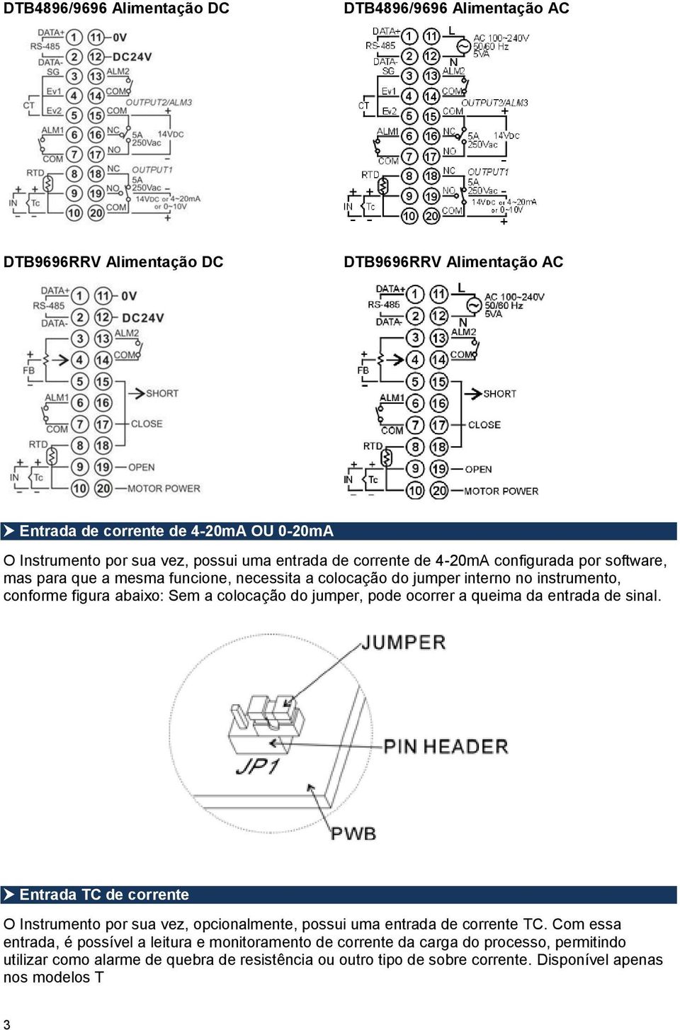 colocação do jumper, pode ocorrer a queima da entrada de sinal. Entrada TC de corrente O Instrumento por sua vez, opcionalmente, possui uma entrada de corrente TC.