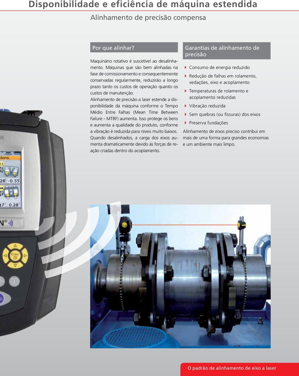 Alinhamento de precisão a laser estende a disponibilidade da máquina conforme o Tempo Médio Entre Falhas (Mean Time Between Failure - MTBF) aumenta.