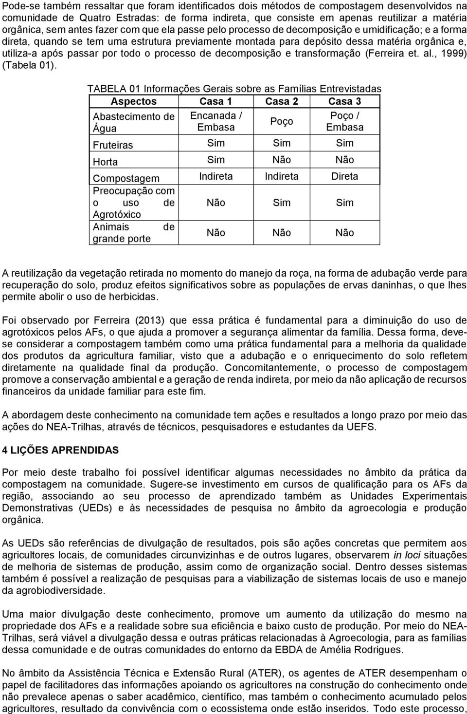 após passar por todo o processo de decomposição e transformação (Ferreira et. al., 1999) (Tabela 01).