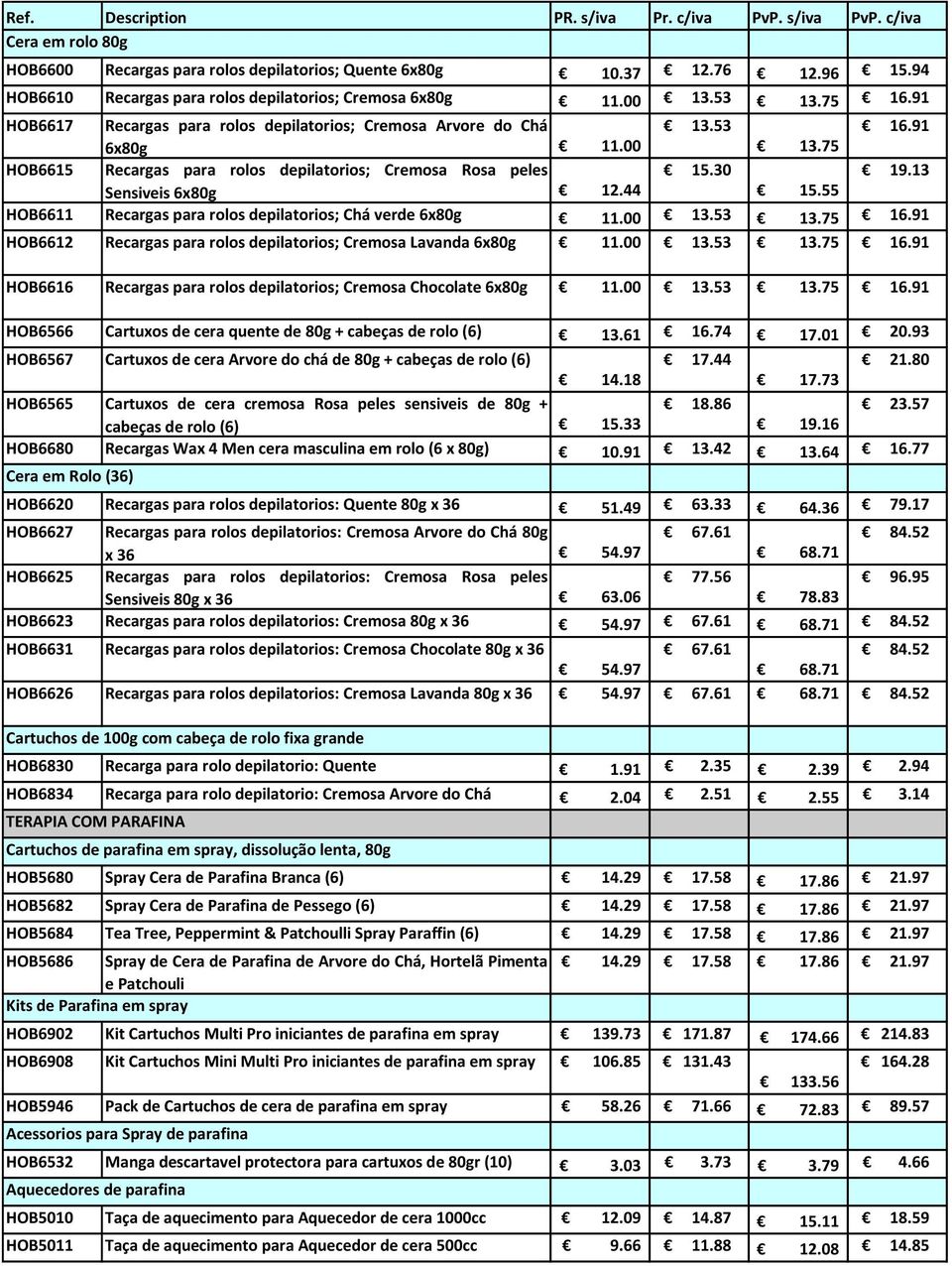 30 19.13 Sensiveis 6x80g 12.44 15.55 HOB6611 Recargas para rolos depilatorios; Chá verde 6x80g 11.00 13.53 13.75 16.91 HOB6612 Recargas para rolos depilatorios; Cremosa Lavanda 6x80g 11.00 13.53 13.75 16.91 HOB6616 Recargas para rolos depilatorios; Cremosa Chocolate 6x80g 11.