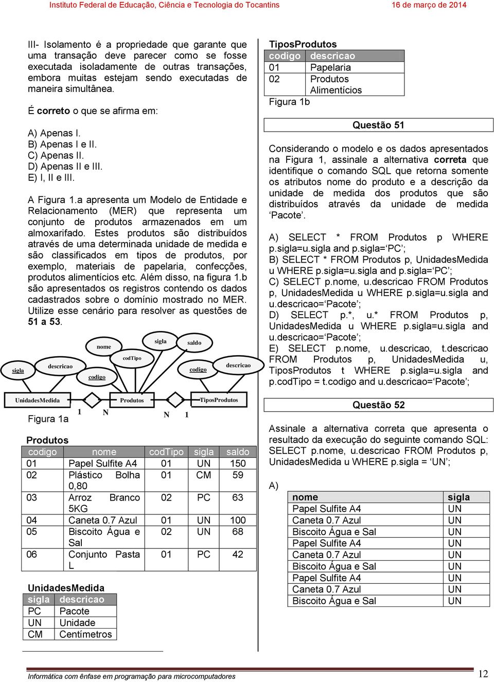 a apresenta um Modelo de Entidade e Relacionamento (MER) que representa um conjunto de produtos armazenados em um almoxarifado.