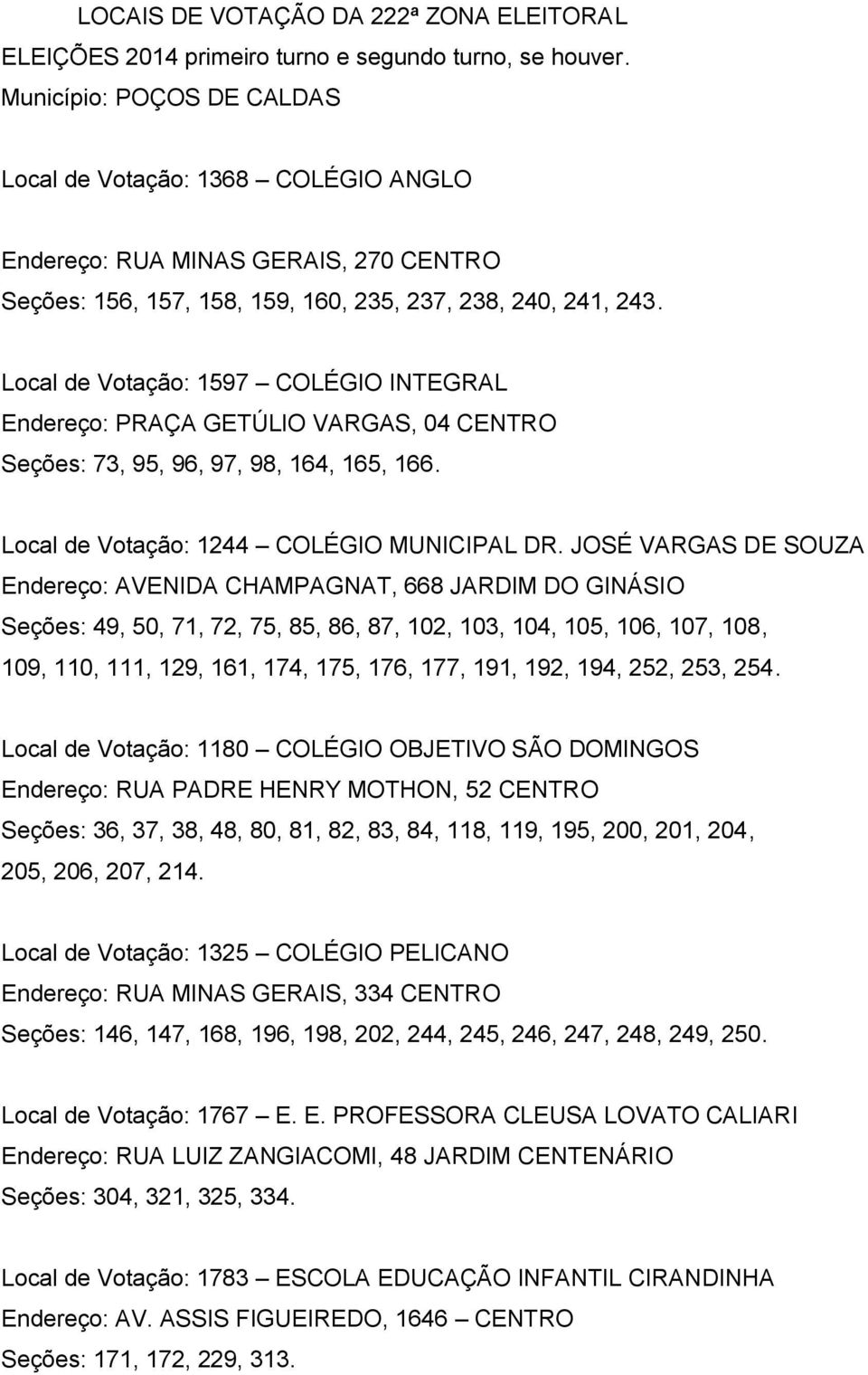 Local de Votação: 1597 COLÉGIO INTEGRAL Endereço: PRAÇA GETÚLIO VARGAS, 04 CENTRO Seções: 73, 95, 96, 97, 98, 164, 165, 166. Local de Votação: 1244 COLÉGIO MUNICIPAL DR.