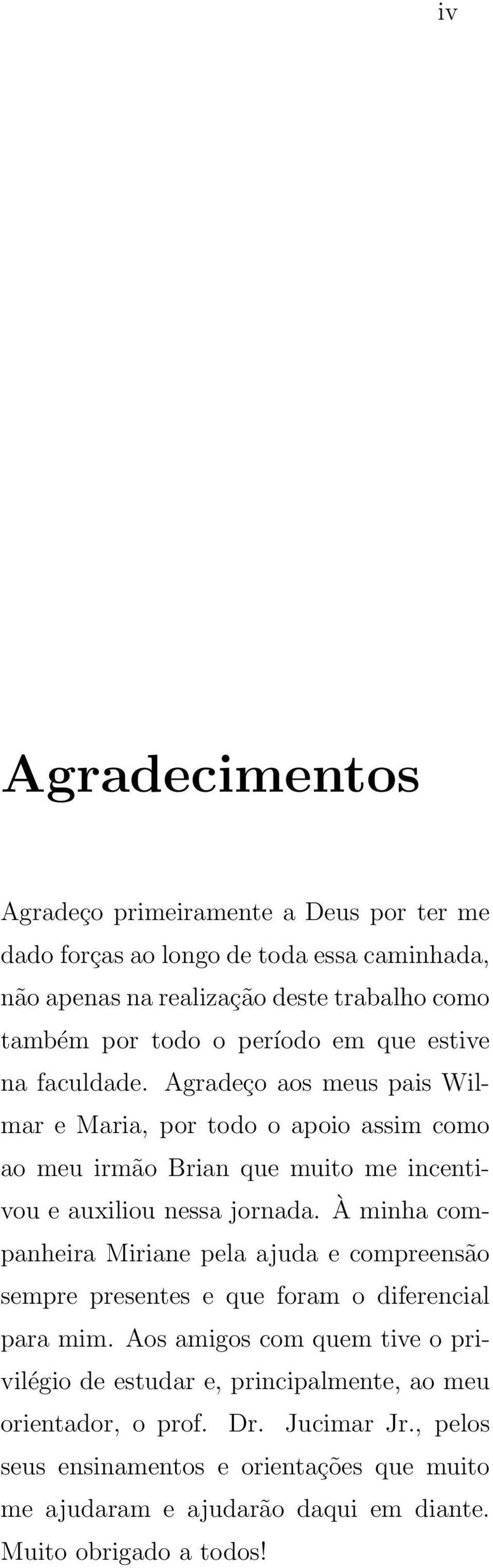 Agradeço aos meus pais Wilmar e Maria, por todo o apoio assim como ao meu irmão Brian que muito me incentivou e auxiliou nessa jornada.