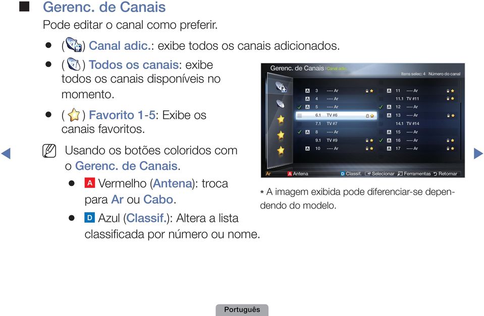 C A Vermelho B D (Antena): troca para Ar ou Cabo. C A B D Azul (Classif.): Altera a lista classifi cada por número ou nome. Ar Gerenc. de Canais Canal adic. 9.