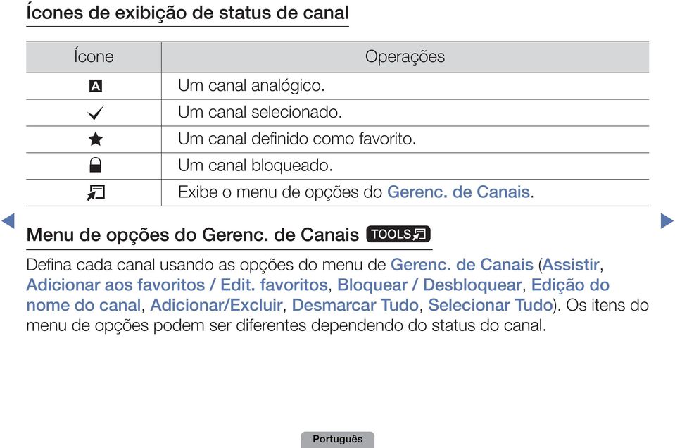 de Canais t Defina cada canal usando as opções do menu de Gerenc. de Canais (Assistir, Adicionar aos favoritos / Edit.