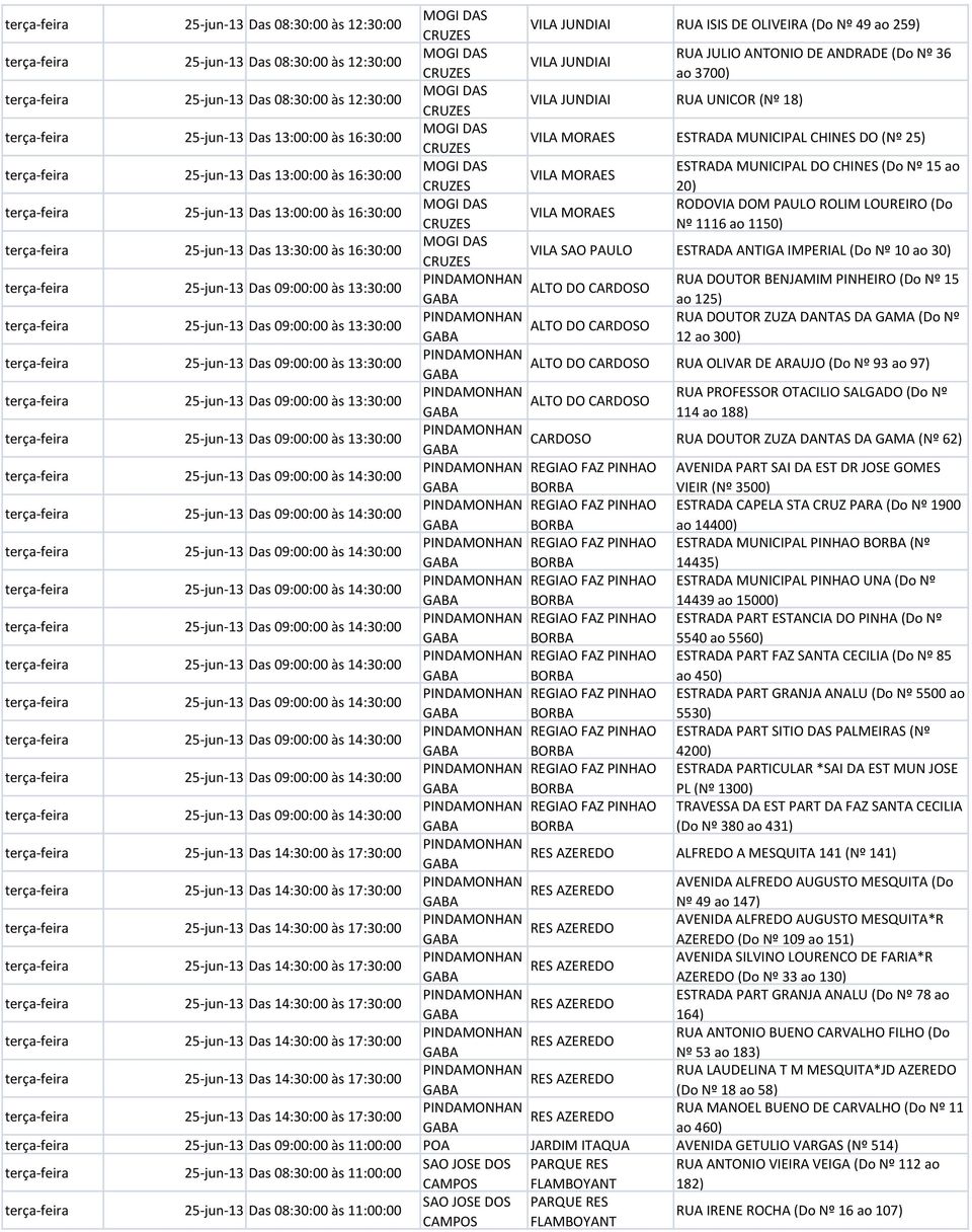 terça-feira 25-jun-13 Das 13:00:00 às 16:30:00 MOGI DS ESTRD MUNICIPL DO CHINES (Do Nº 15 ao VIL MORES 20) terça-feira 25-jun-13 Das 13:00:00 às 16:30:00 MOGI DS RODOVI DOM PULO ROLIM LOUREIRO (Do