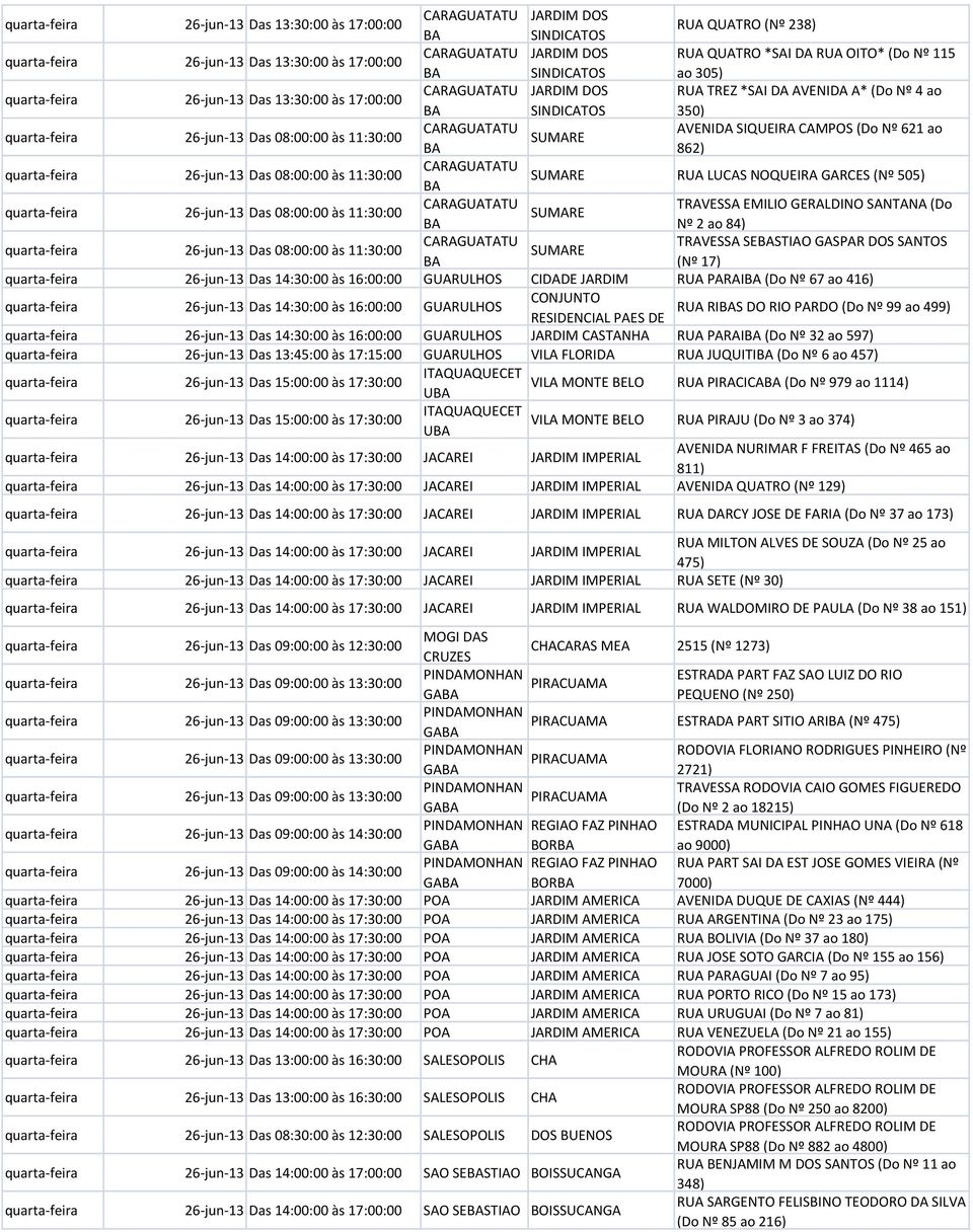 quarta-feira 26-jun-13 Das 08:00:00 às 11:30:00 SUMRE RU LUCS NOQUEIR GRCES (Nº 505) quarta-feira 26-jun-13 Das 08:00:00 às 11:30:00 TRVESS EMILIO GERLDINO SNTN (Do SUMRE Nº 2 ao 84) quarta-feira