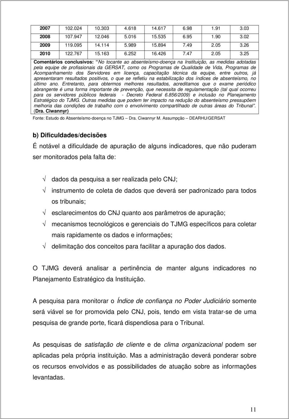 25 Comentários conclusivos: No tocante ao absenteísmo-doença na Instituição, as medidas adotadas pela equipe de profissionais da GERSAT, como os Programas de Qualidade de Vida, Programas de