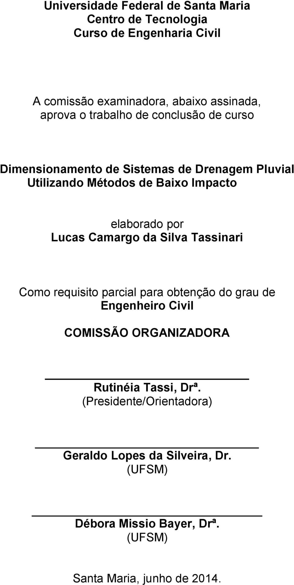 Lucas Camargo da Silva Tassinari Como requisito parcial para obtenção do grau de Engenheiro Civil COMISSÃO ORGANIZADORA Rutinéia
