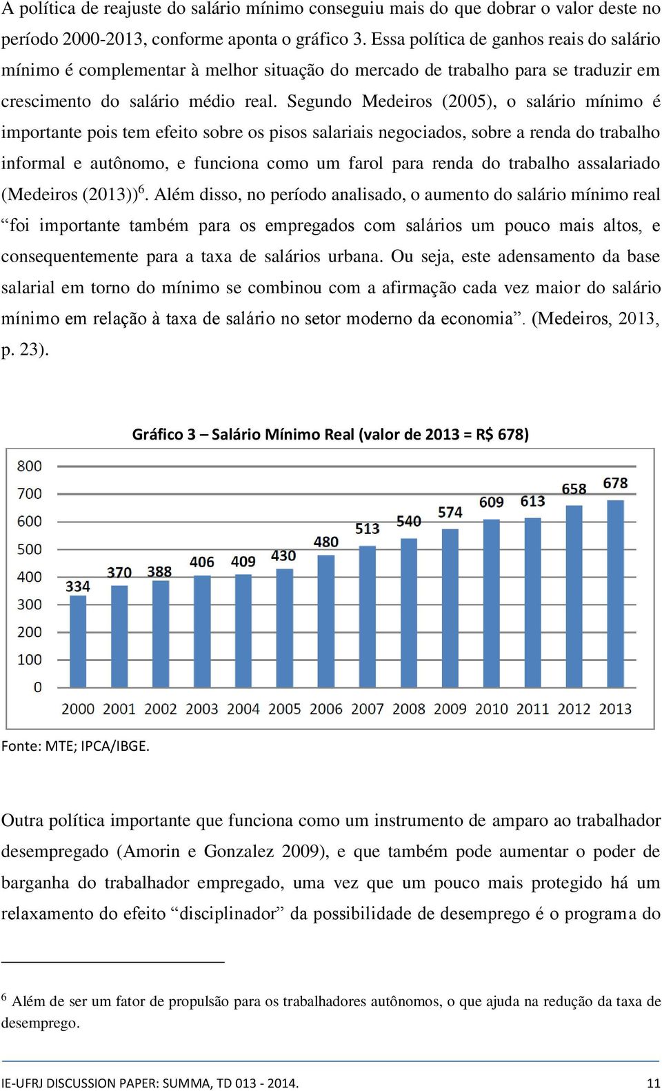 Segundo Medeiros (2005), o salário mínimo é importante pois tem efeito sobre os pisos salariais negociados, sobre a renda do trabalho informal e autônomo, e funciona como um farol para renda do