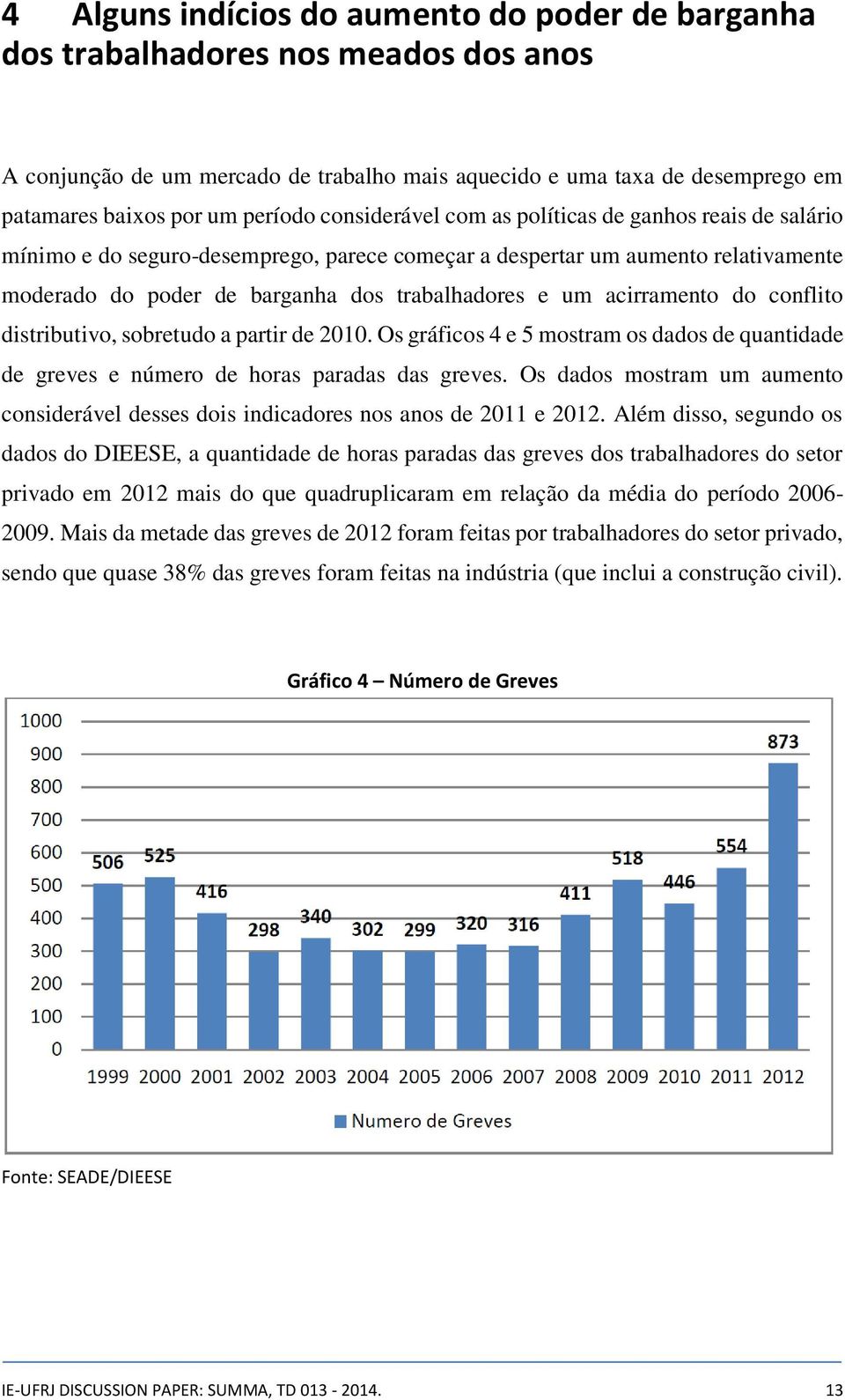 acirramento do conflito distributivo, sobretudo a partir de 2010. Os gráficos 4 e 5 mostram os dados de quantidade de greves e número de horas paradas das greves.