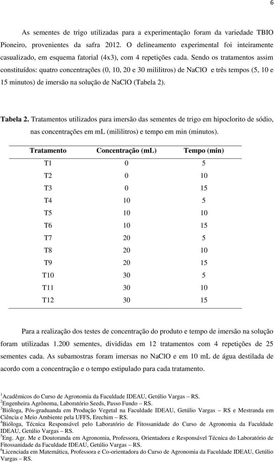 Sendo os tratamentos assim constituídos: quatro concentrações (0, 10, 20 e 30 mililitros) de NaClO e três tempos (5, 10 e 15 minutos) de imersão na solução de NaClO (Tabela 2). Tabela 2.