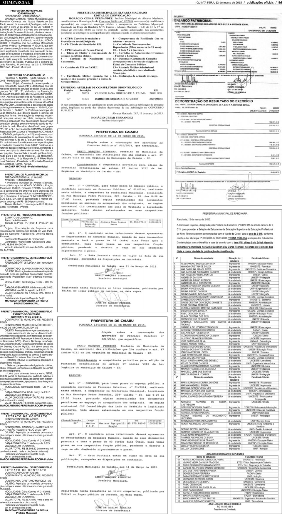 MODALIDADE: Carta Convite nº 014/2.015. DATA ASSINATURA: 11 de Março de 2.015. VIGÊNCIA: Até 31/12/2.015. VALOR TOTAL: R$ 26.775,00 (vinte e seis mil etecentos e setenta e cinco reais).