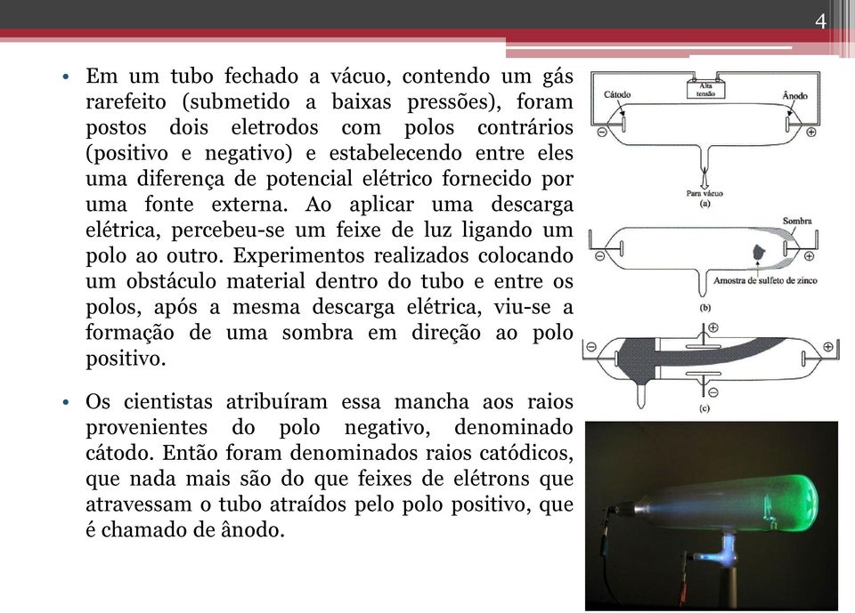 Experimentos realizados colocando um obstáculo material dentro do tubo e entre os polos, após a mesma descarga elétrica, viu-se a formação de uma sombra em direção ao polo positivo.