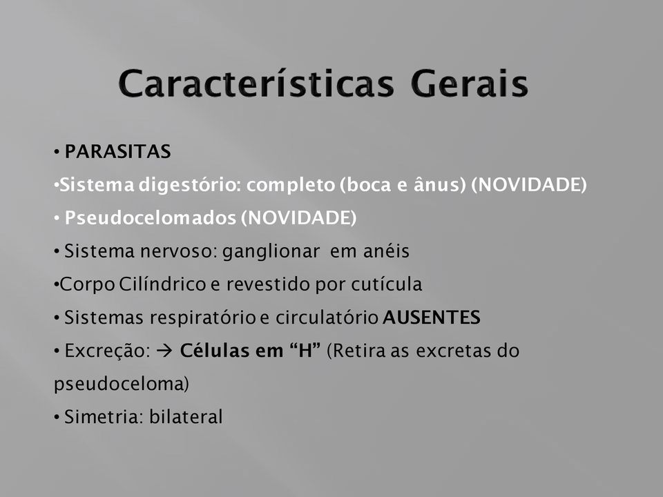 Cilíndrico e revestido por cutícula Sistemas respiratório e circulatório