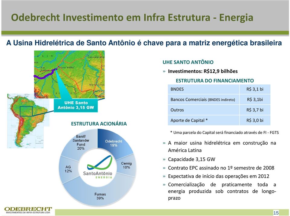 Aporte de Capital * R$ 3,0 bi * Uma parcela do Capital será financiado através de FI -FGTS» A maior usina hidrelétrica em construção na América Latina» Capacidade 3,15