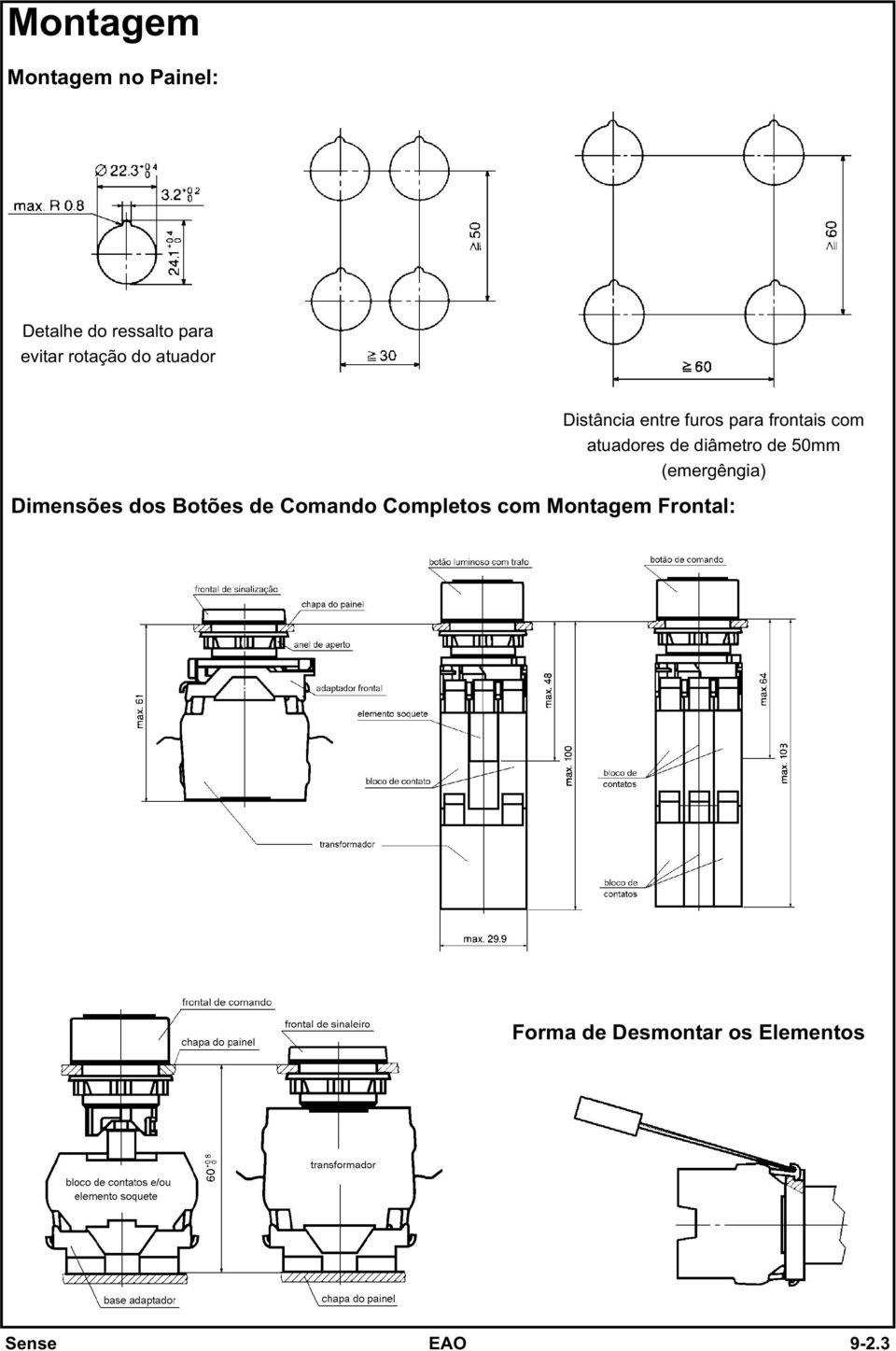 diâmetro de 50mm (emergêngia) Dimensões dos Botões de Comando