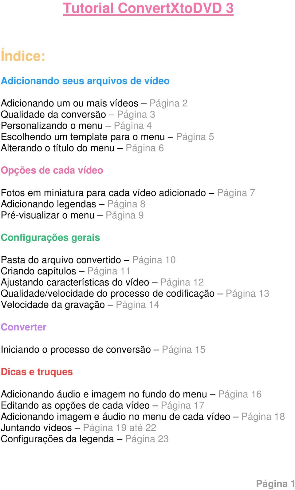 Configurações gerais Pasta do arquivo convertido Página 10 Criando capítulos Página 11 Ajustando características do vídeo Página 12 Qualidade/velocidade do processo de codificação Página 13