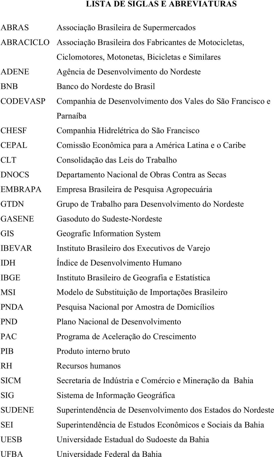 Comissão Econômica para a América Latina e o Caribe CLT Consolidação das Leis do Trabalho DNOCS Departamento Nacional de Obras Contra as Secas EMBRAPA Empresa Brasileira de Pesquisa Agropecuária GTDN