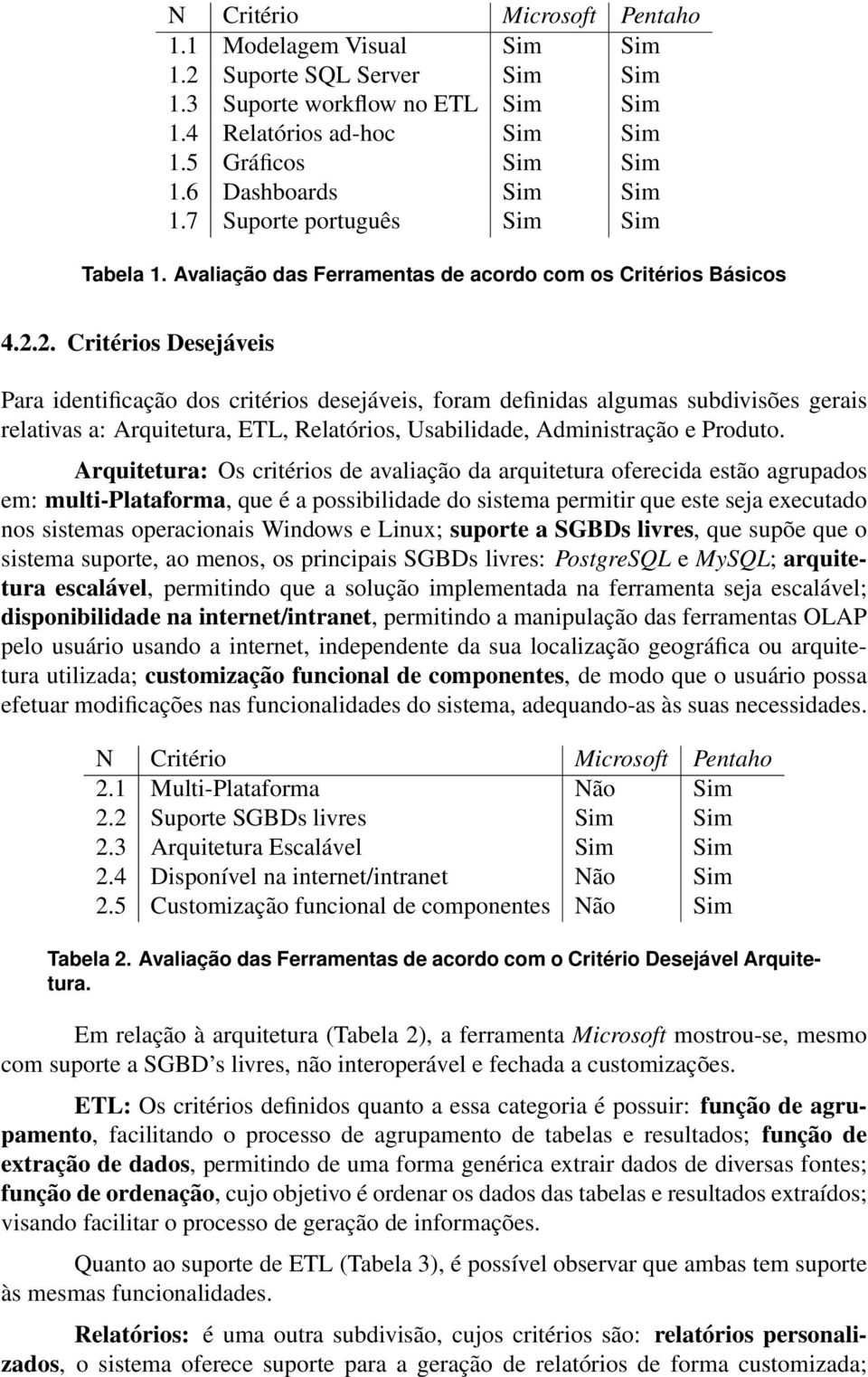 2. Critérios Desejáveis Para identificação dos critérios desejáveis, foram definidas algumas subdivisões gerais relativas a: Arquitetura, ETL, Relatórios, Usabilidade, Administração e Produto.