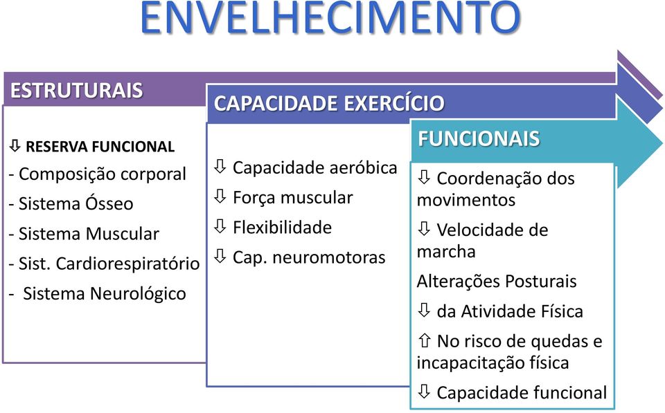 Cardiorespiratório - Sistema Neurológico CAPACIDADE EXERCÍCIO Capacidade aeróbica Força muscular