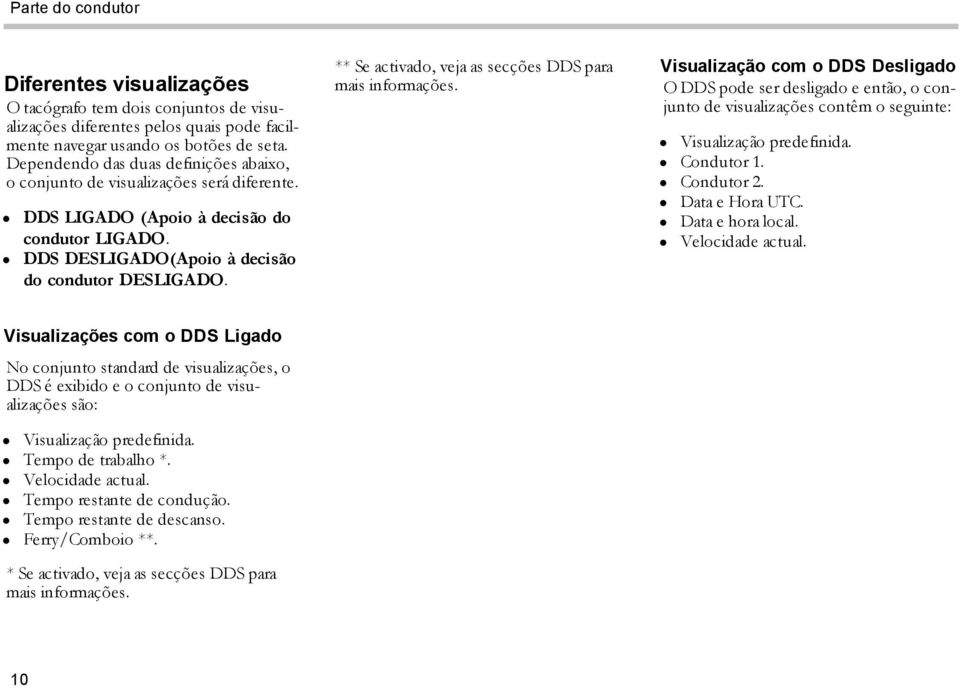 ** Se activado, veja as secções DDS para mais informações. Visualização com o DDS Desligado O DDS pode ser desligado e então, o conjunto de visualizações contêm o seguinte: Visualização predefinida.