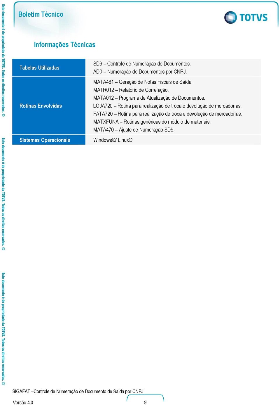 MATA012 Programa de Atualização de Documentos. LOJA720 Rotina para realização de troca e devolução de mercadorias.