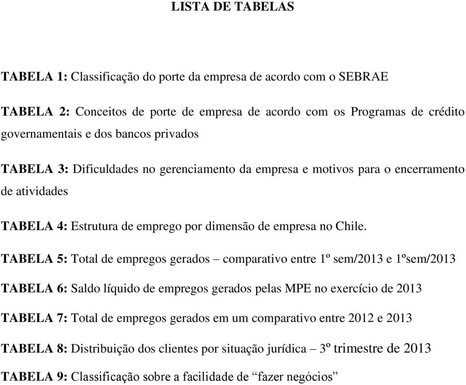 TABELA 5: Total de empregos gerados comparativo entre 1º sem/2013 e 1ºsem/2013 TABELA 6: Saldo líquido de empregos gerados pelas MPE no exercício de 2013 TABELA 7: Total de