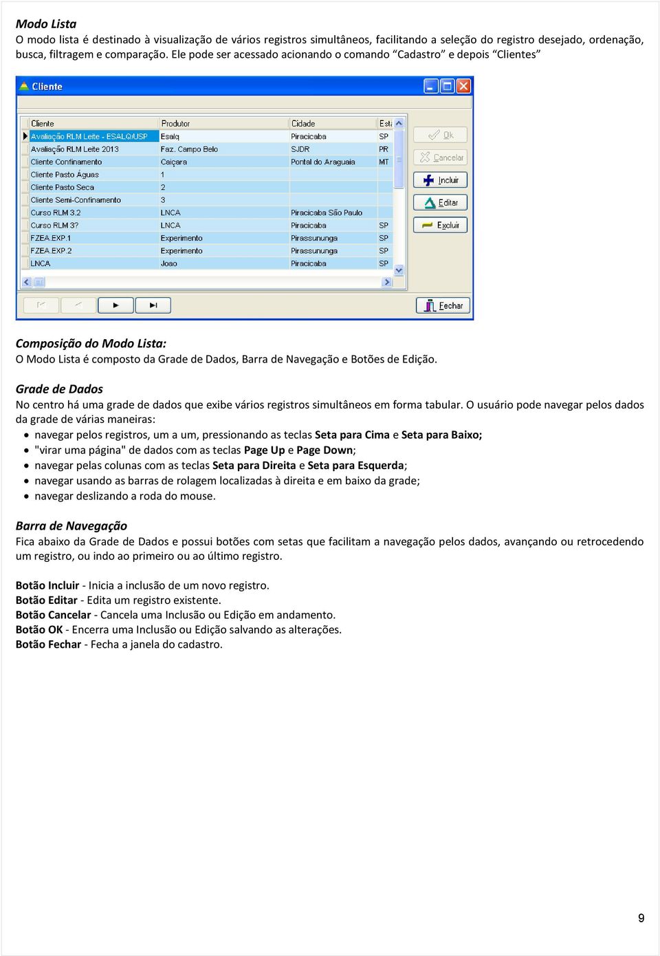 Grade de Dados No centro há uma grade de dados que exibe vários registros simultâneos em forma tabular.