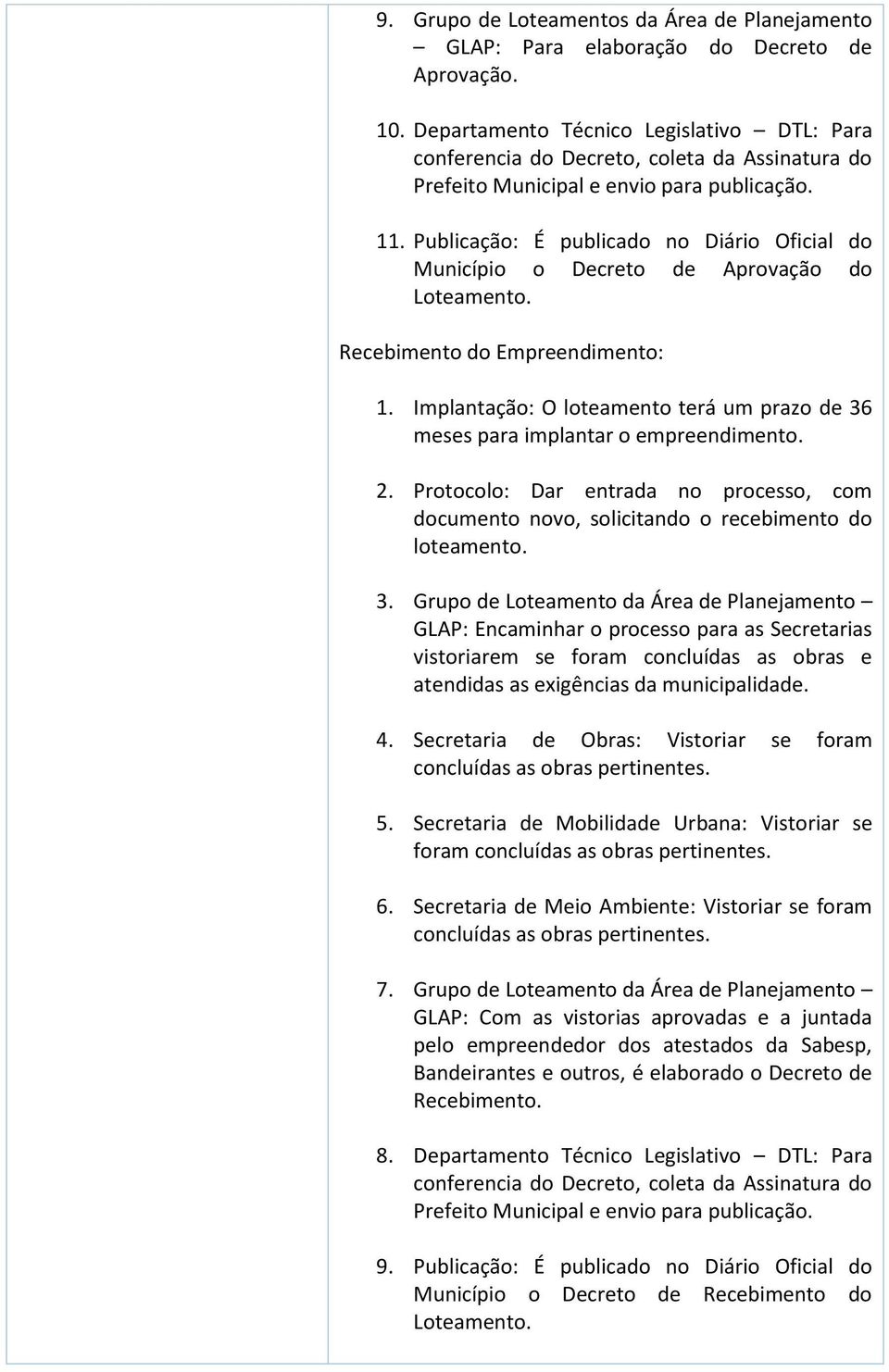 Publicação: É publicado no Diário Oficial do Município o Decreto de Aprovação do Loteamento. Recebimento do Empreendimento: 1.