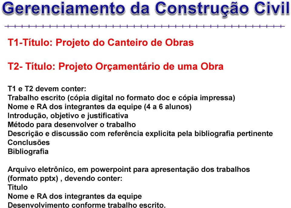 trabalho Descrição e discussão com referência explicita pela bibliografia pertinente Conclusões Bibliografia Arquivo eletrônico, em powerpoint